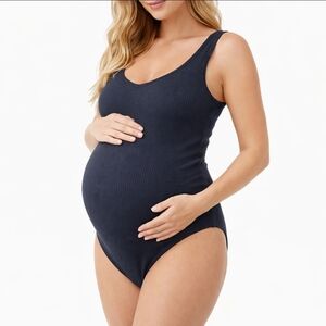 A Pea In The Pod Ribbed Maternity Bodysuit Black Grey State Size L NWT